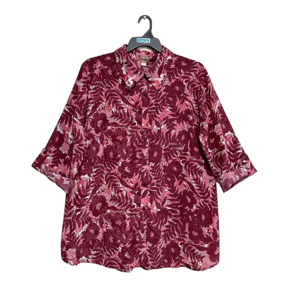 White Stag Button-Up Blouse Top Women's 2X Maroon Pink Floral Roll Tab Sleeve